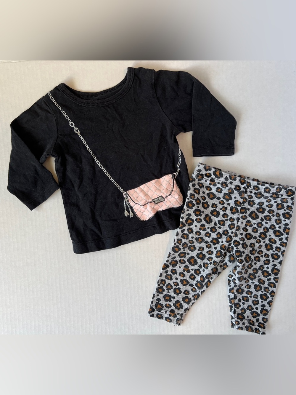 Carter's Black Top with Pink Purse Graphic and Gray Leopard Leggings